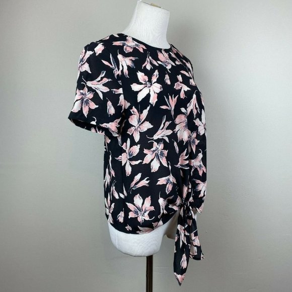 Madewell Silk Top S‎ Floral Button Back Tie Front Tee Sheer Black Pink - Picture 3 of 11